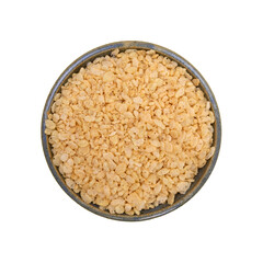 Bowl of crispy rice breakfast cereal on a white background
