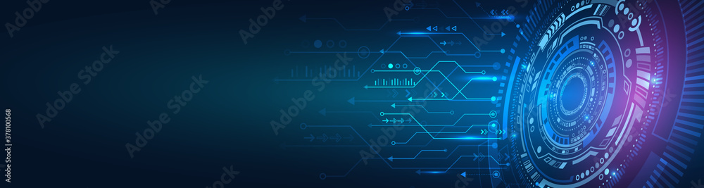 Poster hi tech circuit board design innovation concept. abstract futuristic wide communication vector illus