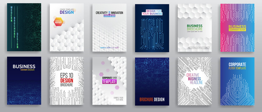 Abstract technology cover with various elements. High tech brochure design concept. Set of Futuristic business layout. Digital poster templates.