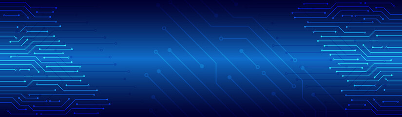 Hi tech circuit board design innovation concept. Abstract futuristic wide communication vector illustration. Sci fi technology on the blue background.