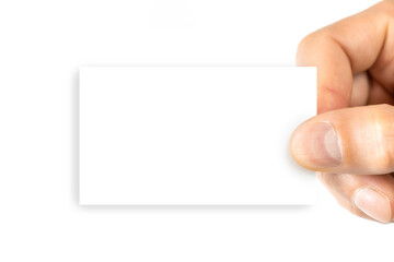 Fototapeta premium Business card template. Hand holding blank business paper card isolated on white background. Layout and mockup for design, place for text, copy space.