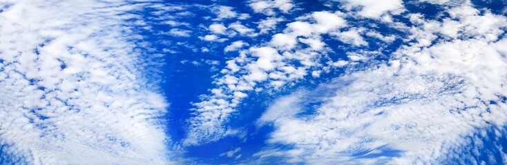 White cirrus clouds blue sky background, beautiful wispy cloudscape wide panoramic view, cumulus cloudy skies panorama, fluffy cloud texture, sunny heaven scenic landscape, cloudiness weather backdrop