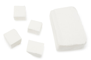 Slices feta cheese isolated on white background. Clipping path and full depth of field. Top view