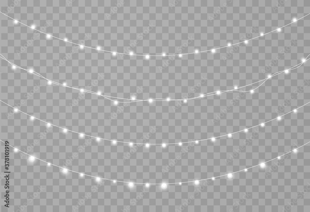 Poster christmas lights isolated on transparent background. glowing light bulbs on string.