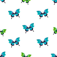 Watercolor butterflies, seamless pattern. Botanical illustration.