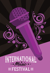 international music festival poster with microphone in purple background