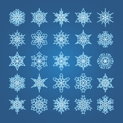 Vector set stylized snowflakes for Christmas decoration on blue background