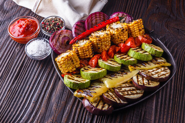 appetizing fresh grilled vegetables in a cast iron skillet
