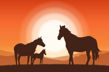 Fototapeta na wymiar Vector illustration: Landscape with sunset and silhouette of family horses.