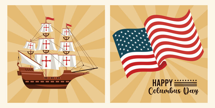 Happy Columbus Day Celebration With Usa Flag And Ship