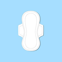 Hand drawn vector illustration of white women's sanitary pad with wings on blue background. Female hygiene health body care concept. Biodegradable nature friendly materials zero waste