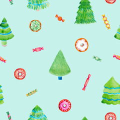 Christmas tree donuts candy sweet seamless pattern on blue background Watercolor illustration winter Wallpaper digital paper pack gift wrap