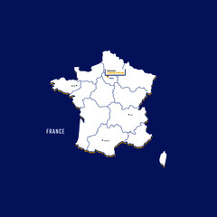 Vector map of France with border, cities and capital Paris. Each city has separately for your design. Vector Illustration