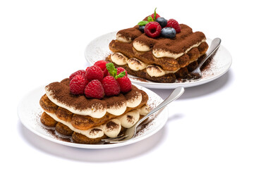 two portions of Classic tiramisu dessert with raspberries and blueberries on ceramic plate isolated on white with clipping path