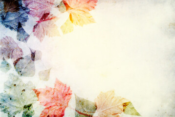 Autumn composition frame made of maple and tilia leaves on grunge background, fall design concept template blank