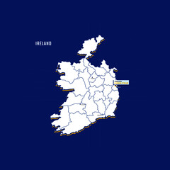 Vector map of Ireland with border, cities and capital Dublin. Each city has separately for your design. Vector Illustration