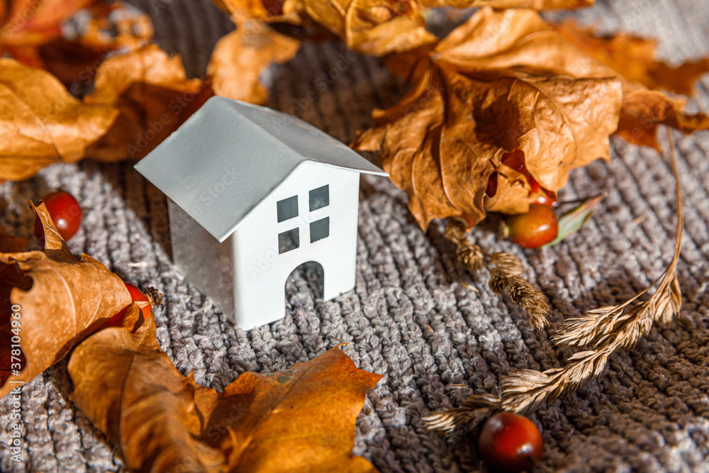 Wall mural autumnal background. toy house and dried orange fall maple leaves on grey knitted sweater. thanksgiv