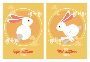 happy mid autumn letterings cards with rabbits jumping