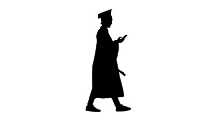 Silhouette Smiling female graduate in mortarboard texting on her