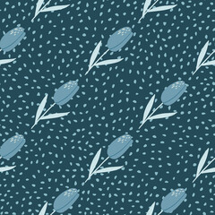 Blue tulip flowers seamless doodle pattern. Navy blue dotted background. Pastel tones floral artwork.