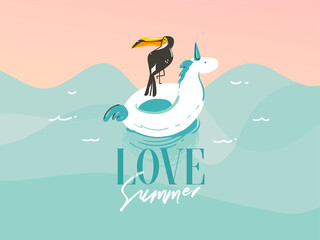 Hand drawn vector stock abstract graphic illustration with a unicorn swimming ,rubber float rings in ocean waves landscape and Love summer typography quote isolated on blue background