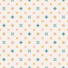 Neutral pastel pattern design in shades of yellow, blue and pink on off-white background. Little colorful stars seamless vector pattern.