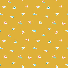 Origami paper planes flying. Bright colorful seamless vector pattern. Small white planes on yellow background. Ideal for summer shirts and dresses, kids wear, bags, textile, paper, stationery.