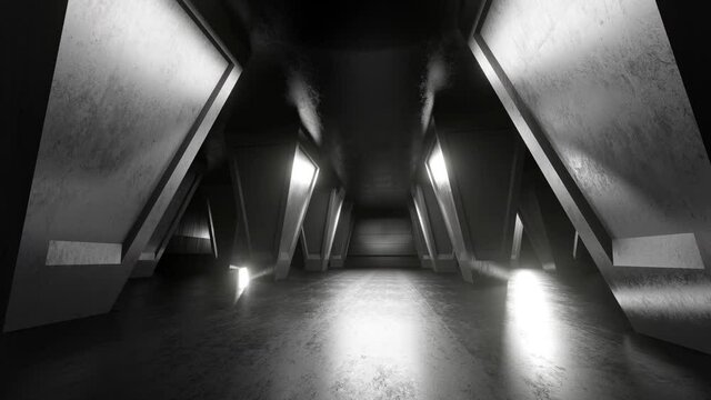 3D animation of dark concrete interior