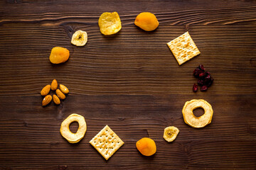 Fast food snacks collection - nuts and dried fruits top view