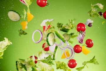 Flying vegetable salad isolated on green background. Healthy eating and lifestyle.