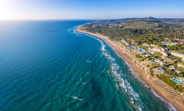 Panoramic aerial view to the beautiful golden coast at Kastro Kyllini, Peloponnese, Greece
