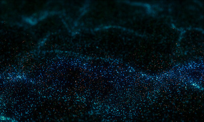 Abstract blue colorful particle wave background. Small round dot on black background. Copy space, 3D rendering