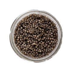Black caviar in glass can isolated on white background. Sturgeon caviar. Top view.