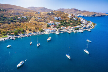 Panoramic view of the small village and sailors marina of Vourkari on the island of Kea Tzia, Cyclades, Greece