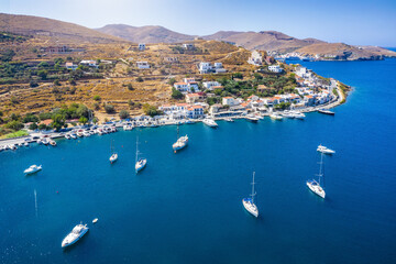 Panoramic view of the small village and sailors marina of Vourkari on the island of Kea Tzia, Cyclades, Greece © moofushi