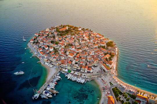 Aerial view of old beautiful famous Primosten town, Croatia