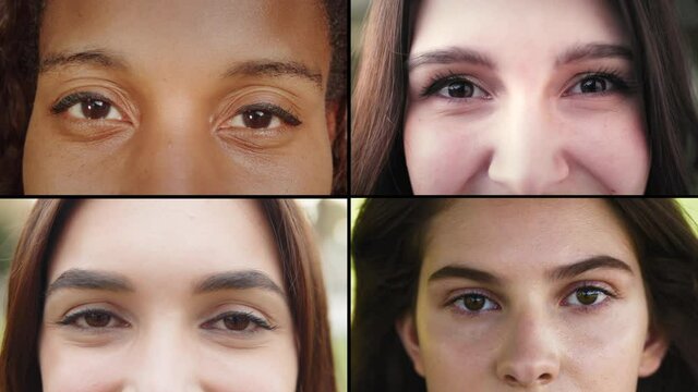 Multi screen collage of different eyes, diversity people concept, multinational group of young people, man and woman eyes macro shot, international students, friendship without boarders