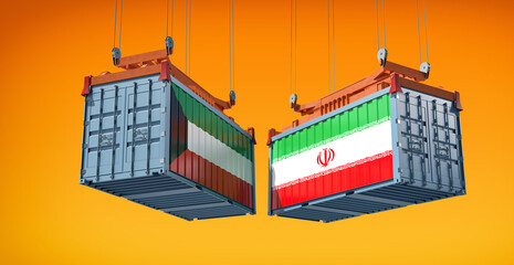 Shipping containers with Iran and Kuwait national flags. 3D Rendering 