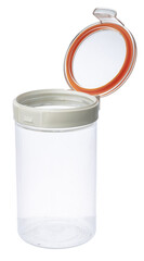 Empty plastic storage jar isolated on white