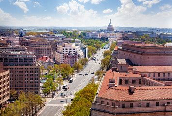 Panorama from above of Pennsylvania Avenue and United States Capitol Building towards USA Congress...