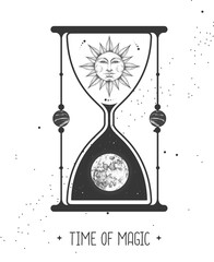 Modern magic witchcraft card with astrology hourglass with sun and moon inside. Day and nignt. Realistic hand drawing illustration of sun with human face