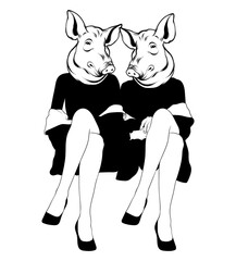 Vector hand drawn illustration of girls with pig's heads. Anthropomorphic tattoo artwork. Template for card, poster, banner, print for t-shirt, pin, badge, patch.