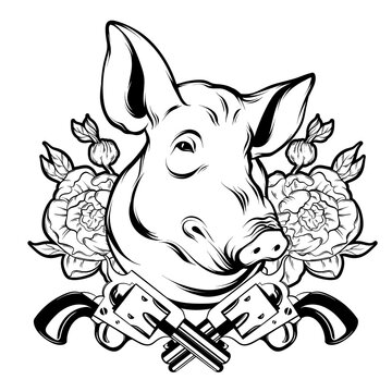 Vector hand drawn illustration of pig's head. Tattoo artwork with guns and flowers. Template for card, poster, banner, print for t-shirt, pin, badge, patch.
