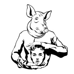 Vector hand drawn illustration of girl with pig's head with human head in hands isolated. Creative tattoo artwork. Template for card, poster, banner, print for t-shirt, pin, badge, patch.