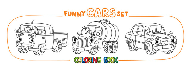 Funny small city cars with eyes. Coloring book set