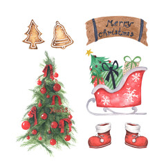 Set of Christmas decorations. Watercolor elements on a white background.
