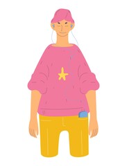 Young man with headphones with closed eyes isolated on white. Vector concept illustration