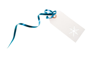 Gift tags and label template with blue ribbon attached to add to presents, Christmas or birthday gifts isolated against a white background.