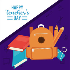 happy teachers day card with schoolbag and books