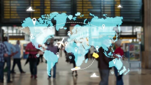 e-Logistics international delivery concept, World map with logistic network distribution on background, cargo ships delivery containers in port stock. background for Concept of fast or instant